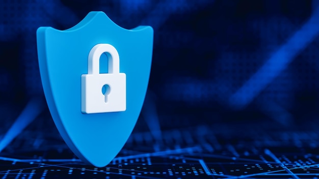 Escudo azul con candado blanco en la escena tecnológica azul seguridad informática y ciberseguridad