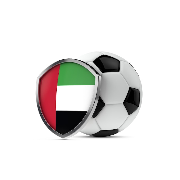 Escudo de la bandera nacional de los Emiratos Árabes Unidos con una pelota de fútbol 3D Rendering