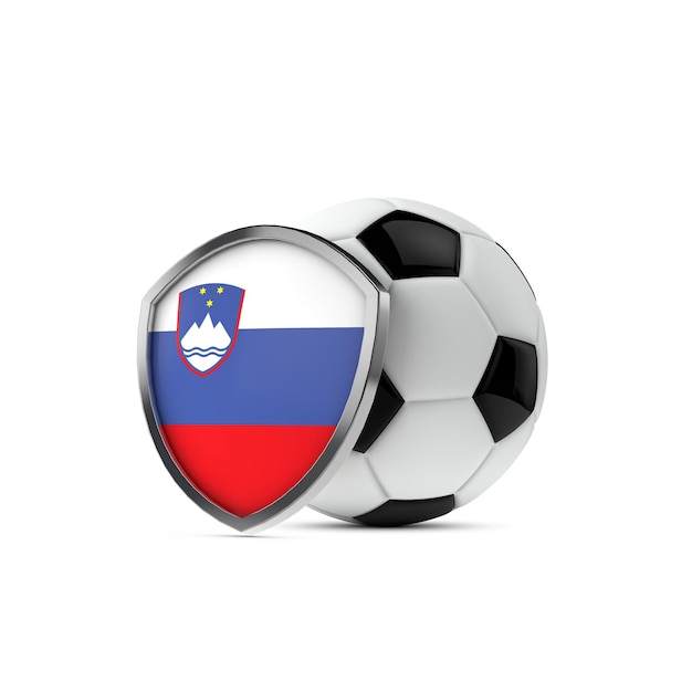 Escudo de la bandera nacional de Eslovenia con una pelota de fútbol 3D Rendering