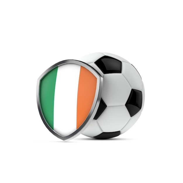 Escudo de la bandera nacional de Irlanda con una pelota de fútbol 3D Rendering