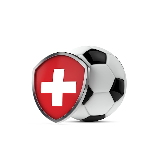 Escudo de la bandera nacional de Suiza con una pelota de fútbol 3D Rendering