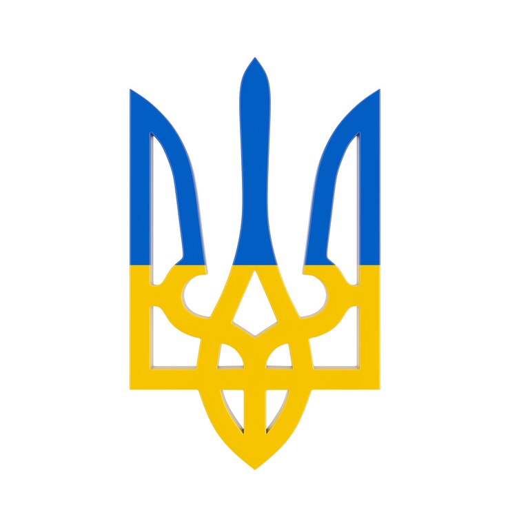 Foto escudo con bandera de ucrania emblema nacional ucraniano amarillo y azul sobre fondo blanco representación 3d