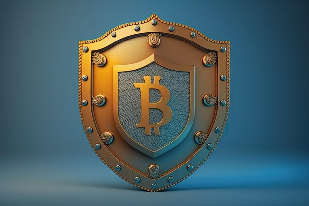 Escudo de Bitcoin aislado sobre fondo azul concepto de seguridad de bitcoin AI