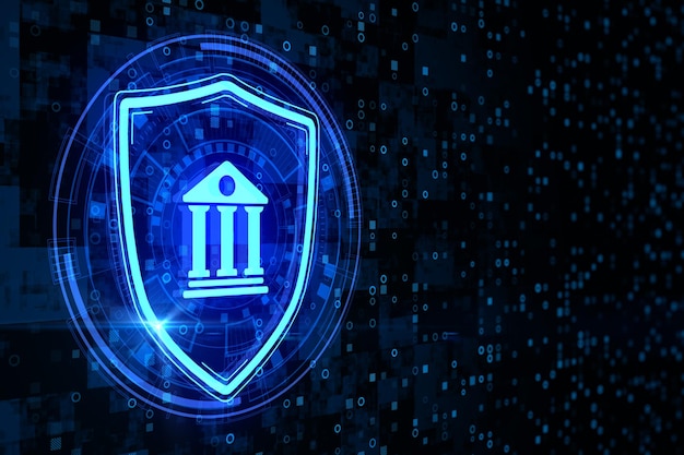 Escudo brillante abstracto con icono de banco en el fondo oscuro del código binario con lugar simulado Banca en línea y concepto de seguridad Representación 3D