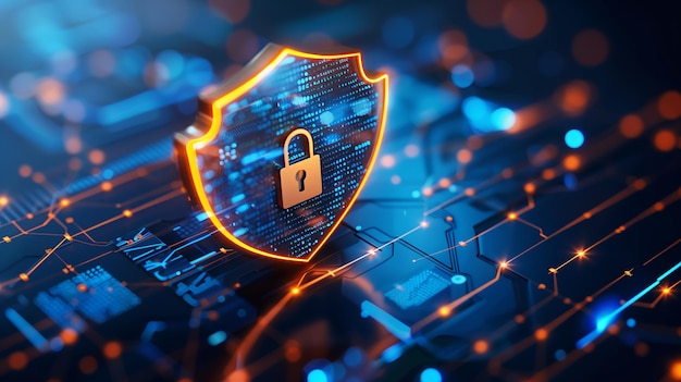 Escudo brillante con candado en la placa de circuitos que simboliza la ciberseguridad y la protección digital