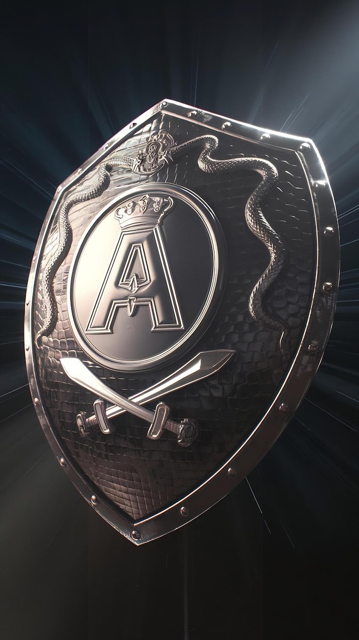 Foto escudo brillante con fondo oscuro representación en 3d