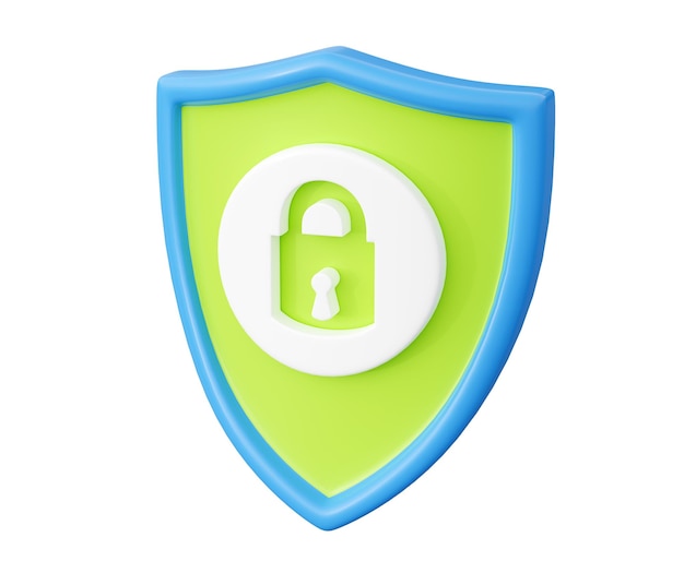 Foto escudo con candado 3d render concepto de seguridad y protección con signo de bloqueo cerrado en el escudo