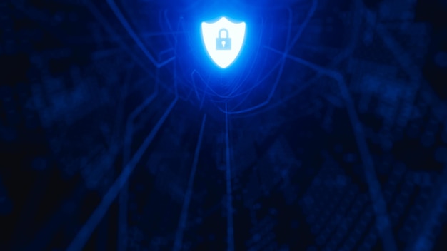 Escudo con candado luminoso en el centro superior de la seguridad de la información de la etapa azul tecnológica