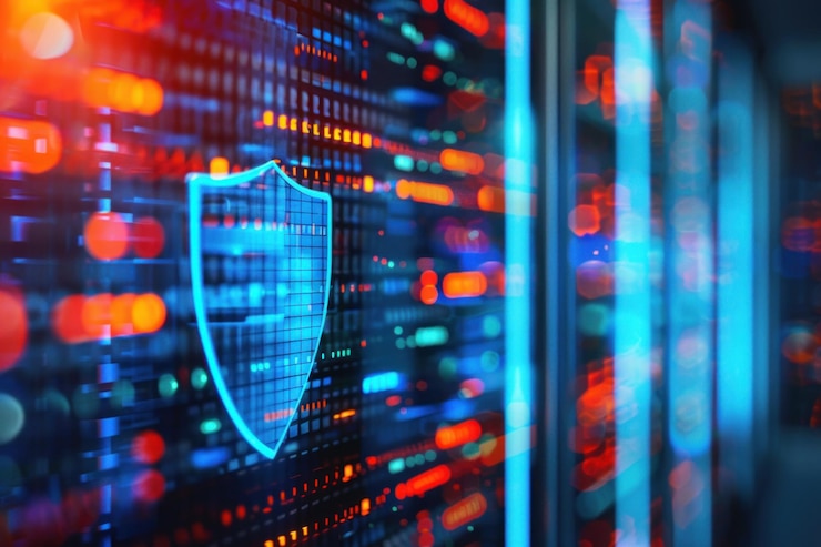 Foto escudo de ciberseguridad en servidor de datos digitales con luces azules y rojas