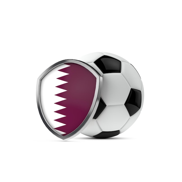 Foto escudo da bandeira nacional do qatar com uma bola de futebol 3d rendering