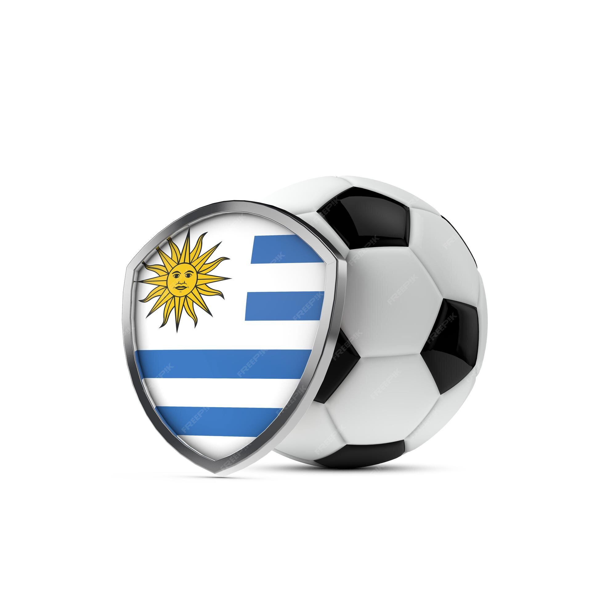 Escudo da bandeira nacional do uruguai com uma bola de futebol 3d