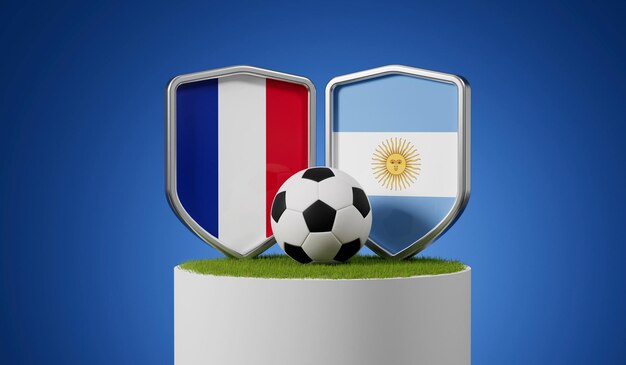 Escudo de futebol da bandeira da França contra a Argentina com uma bola de futebal em um pódio de grama d renderização