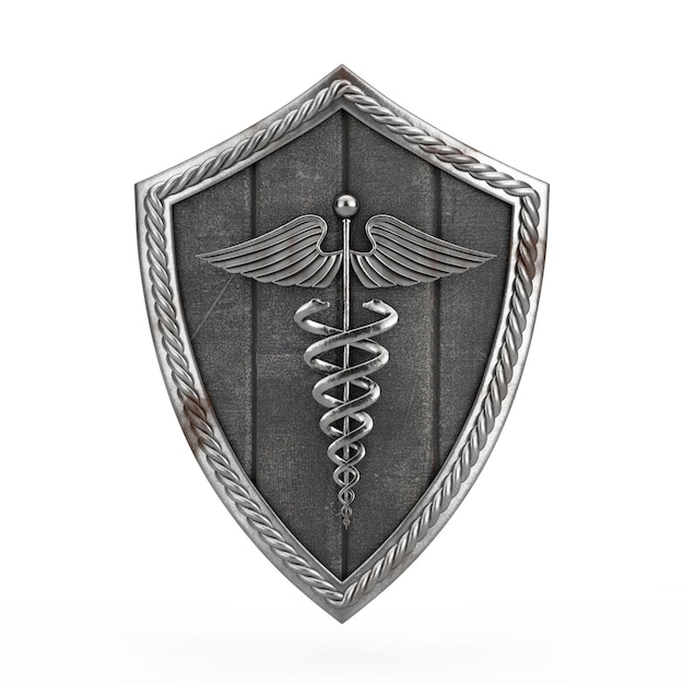 Escudo de guerreiro Viking medieval de madeira antigo com armação de metal e símbolo de caduceu médico prateado renderização em 3d