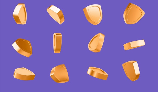 Escudo de ouro de renderização 3D com símbolo de segurança flutuando e isolado em fundo violeta