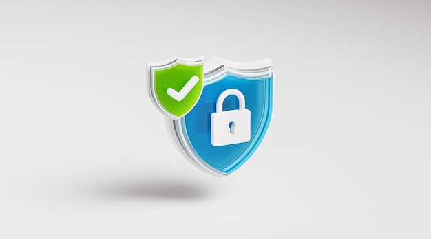 Escudo de Segurança Azul Cadeado Ícone Verde Tick Símbolo Vidro Renderização 3D