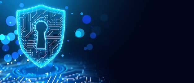 Escudo digital con líneas de circuito y agujero de llave en fondo de neón Renderización 3D