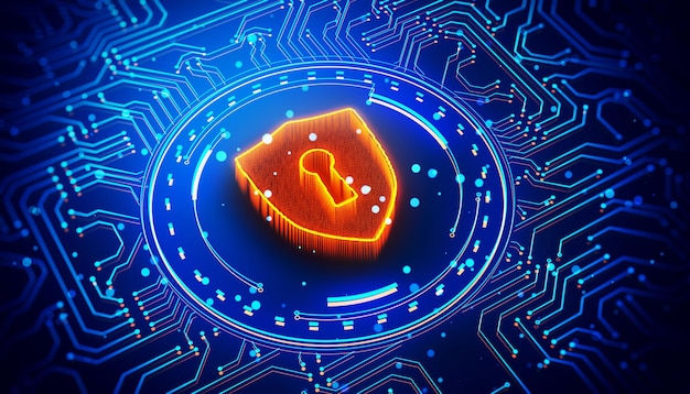 Escudo digital con símbolo de agujero de llave en fondo de circuito azul neón Renderización 3D