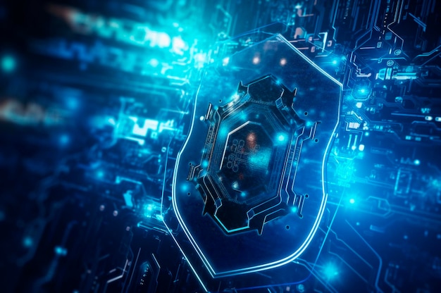 Escudo do conceito de segurança cibernética digital no fundo da placa de circuito com fundo de tecnologia abstrata de luzes azuis gerado por IA
