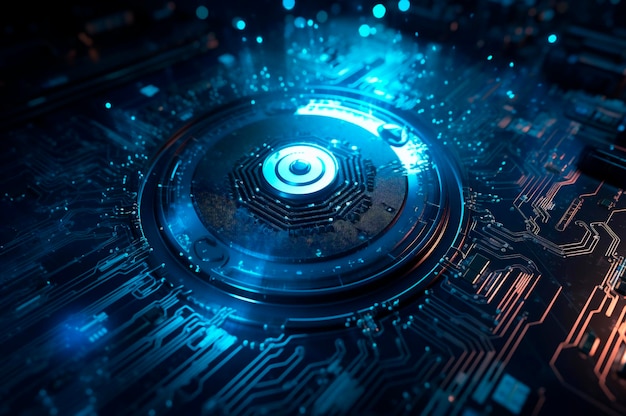 Escudo do conceito de segurança cibernética digital no fundo da placa de circuito com fundo de tecnologia abstrata de luzes azuis gerado por IA