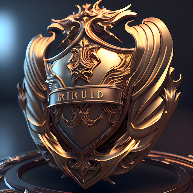 Escudo dourado de luxo com renderização 3D de elementos heráldicos