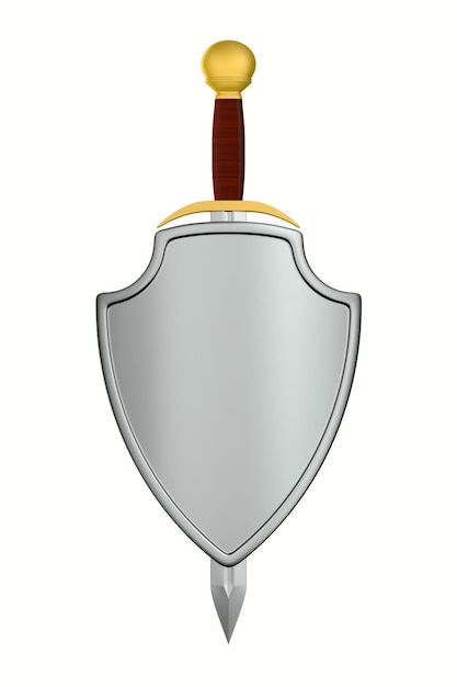 Escudo e espada no fundo branco ilustração 3D isolada