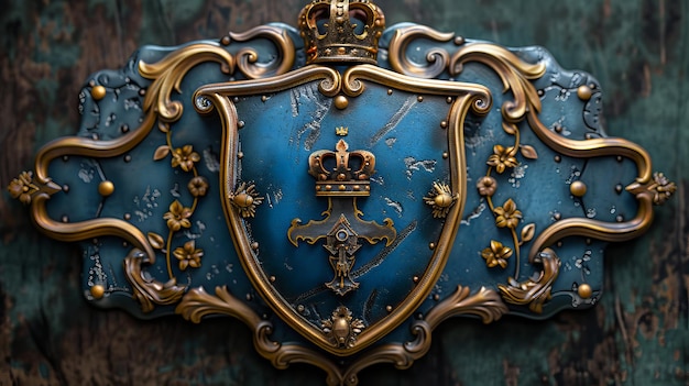 Escudo heráldico de fantasía azul y dorado con gran casco coronado