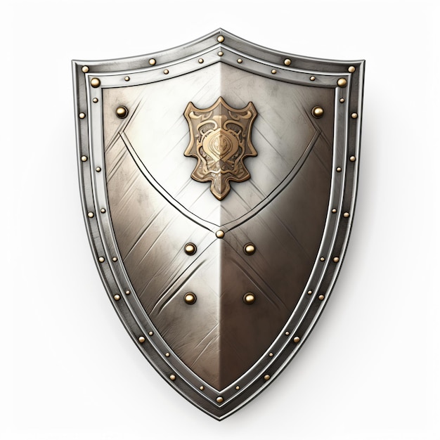 Escudo medieval de metal aislado sobre fondo blanco.