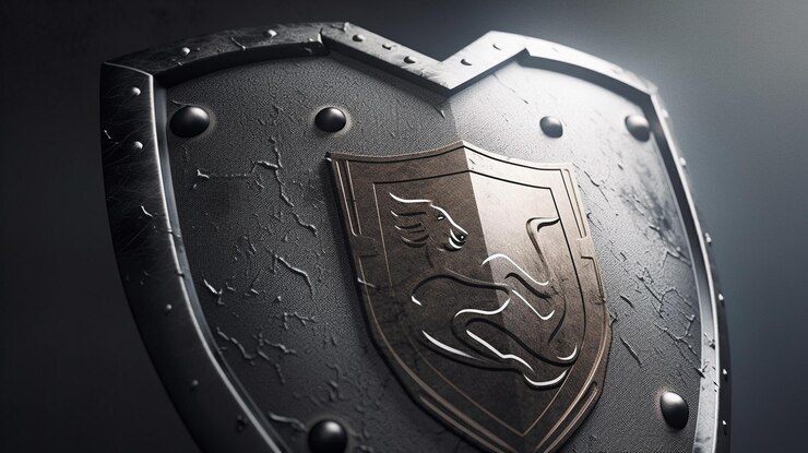 Escudo medieval sobre un fondo oscuro generativo ai