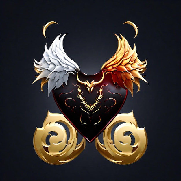 escudo ornamental con alas doradas y luna creciente sobre fondo negro