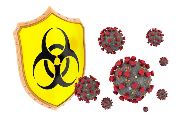 Escudo de protección contra la representación 3D del coronavirus aislada sobre fondo blanco