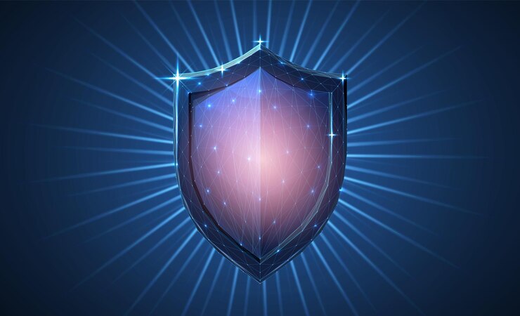 Escudo resumen escudo 3d aislado en azul protección de datos sistema de seguridad empresarial red de seguridad