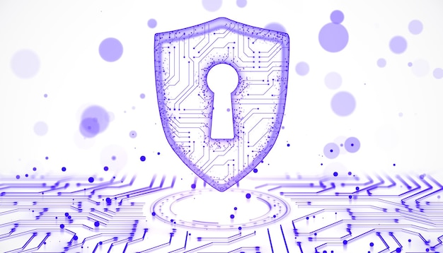 Escudo de seguridad cibernética con un diseño de placa de circuito que representa la protección de datos en un fondo blanco claro Rendering 3D