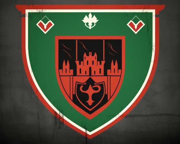 Foto un escudo verde y rojo con un castillo en él