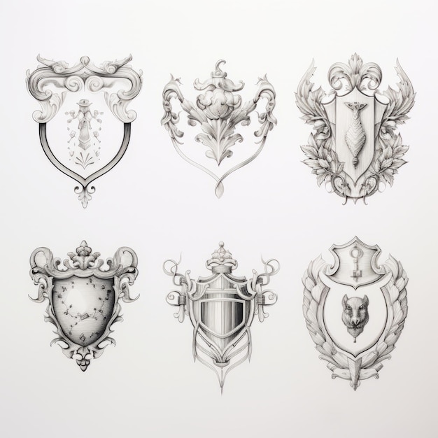 Escudos ornamentados vintage realismo encantador em desenhos minimalistas