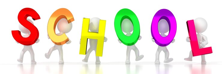 Foto escuela, colorido, letras, 3d, ilustración