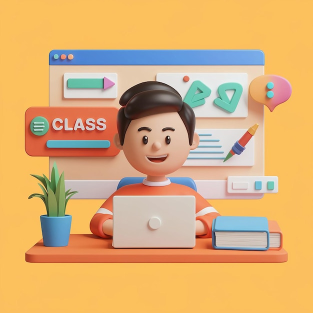 Escuela infantil en línea vector 3D niños educación dibujos animados niño usando portátil estudiante joven feliz concepto de clase digital internet aprendizaje electrónico personaje trabajando en casa en internet Ilustración infantil en línea