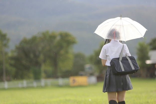 Escuela japonesa con paraguas en la lluvia en campo con montaña de hierba y árbol