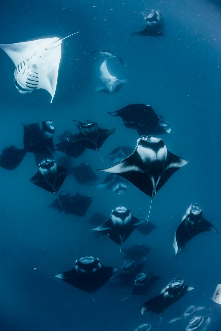 Foto escuela de mantarrayas en el atolón de baa en las maldivas