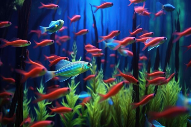 Foto escuela de neon tetras entre plantas acuáticas creada con ai generativa