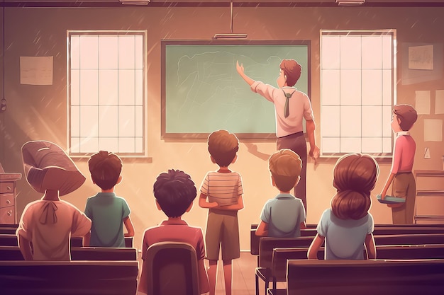 Escuela de otoño con profesor en estilo de dibujos animados