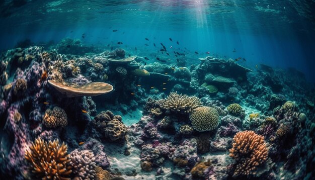 Escuela de peces multicolores en un paisaje de arrecifes de coral generado por IA