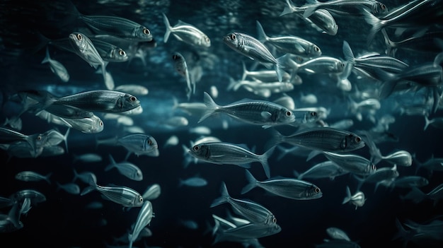 Escuela de pequeños peces plateados bajo el agua Vida marina IA generativa