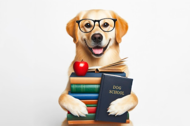 escuela de perros sonrientes con gafas sostienen libros en fondo blanco