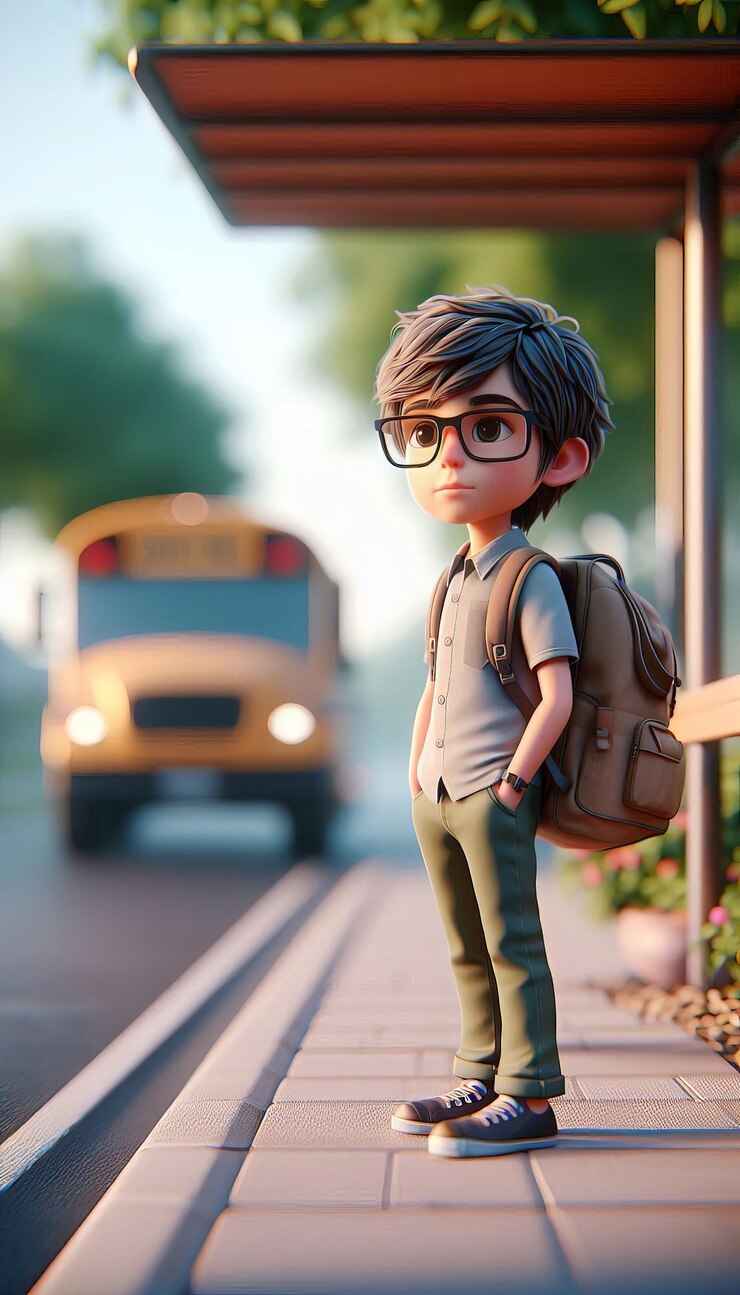 escuela primaria esperando un autobús escolar en la parada de autobús en estilo 3D