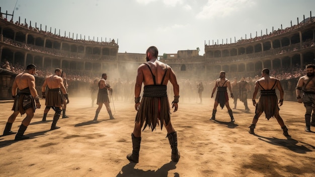 La escuela romana de gladiadores enseña combate en la arena de arena con entrenadores