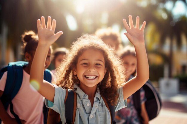 Foto escuela sonriente mejores amigos niño pequeño espectáculo dar cinco símbolo concepto ai