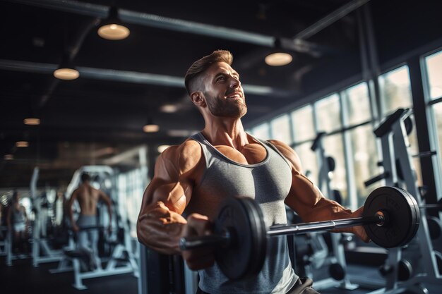 Esculpir la fuerza Un hombre en forma Entrenamiento intensivo con pesas en el gimnasio