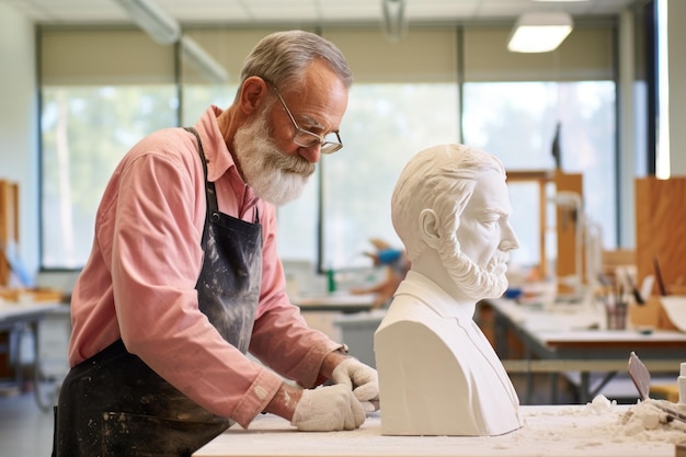 Foto escultor anciano refinando un busto de arcilla en un taller brillante