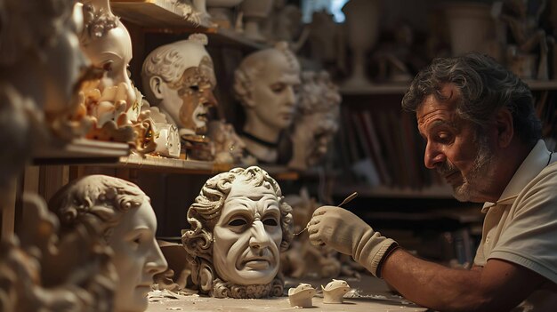 Un escultor está trabajando duro en su estudio poniendo los toques finales en una escultura de arcilla de un rostro humano