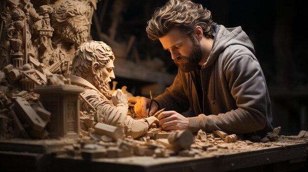 Foto un escultor trabajando en una obra maestra en una imagen de fondo acogedora